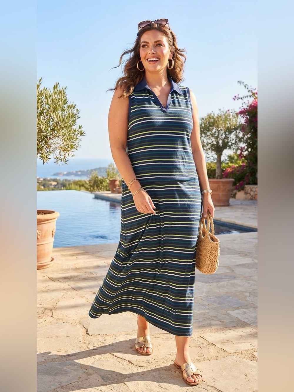 SIZE XL Cuddl Duds® NEW Women's Blue Multi Striped Sleeveless Polo Maxi Dress